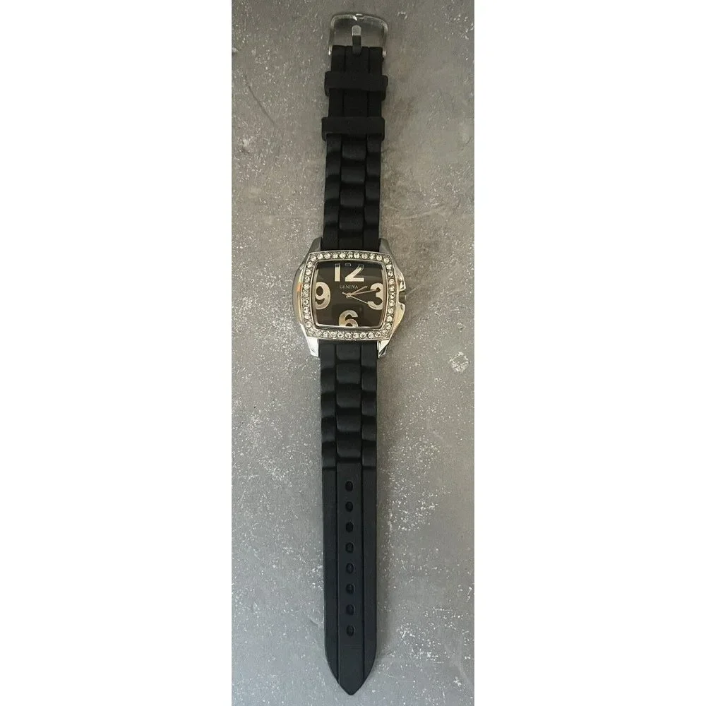 Geneva Black Watch Womens Rhinestones‎ Large Numbers Silicone Band 5949 New